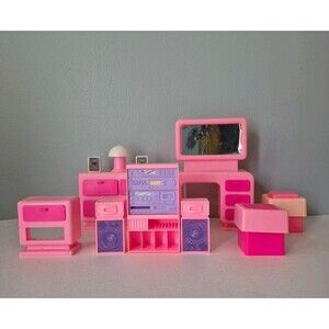Mattel Barbie Pink Plastic 11 Piece Vintage Bedroom Furniture Set Vanity Stereo